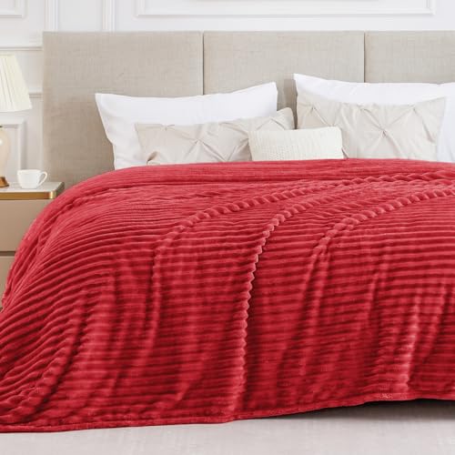 BEDELITE King Size Blanket for Bed, 300GSM Soft & Warm Fleece Blanket, Decorative and Giftable Striped Red Blankets for Women, Men, 108'x90'