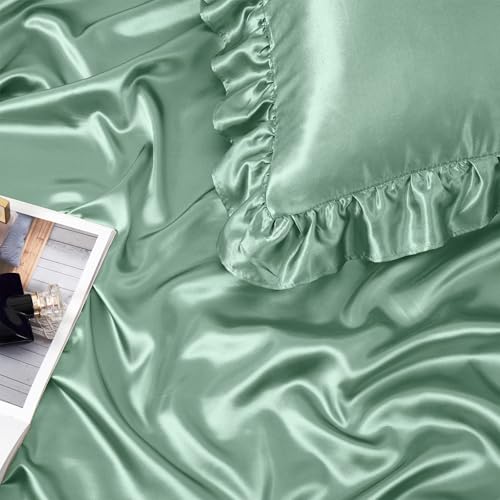 Image of Homiest Sage Green Twin Ruffle Pillowcase & Satin Fitted Sheet Set 2Pcs | Silky Satin Protects Hair And Skin, 15-Inch Deep Pocket, Pearlescent Earthy Natural Calm, Easy Machine Wash Care