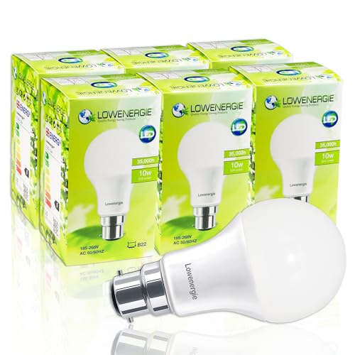 LOWENERGIE LED Light Bulbs 10W Bayonet B22 Day White 6000K A60 GLS Lamps – Pack of 6 Energy-Saving Everyday Lighting [Energy Class F]
