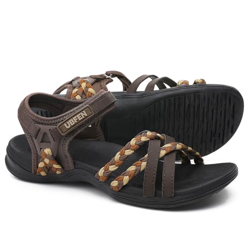 Image of UBFEN Womens Hiking Sandal Sport Sandal Straps with Adjustable Hooks Arch Support Water Sandal Beach Vacation Casual Camping Size 6 Brown