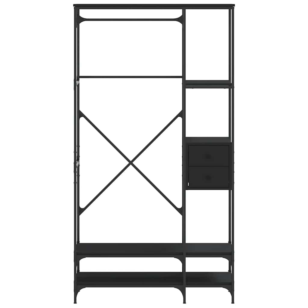 Wieszak na ubrania z półkami, czarny materiał drewnopochodny, metalowa rama, 97 x 40 x 180 cm, z wieszakiem na ubrania, drążek na buty, regał do korytarza, sypialni, porządek i miejsce do