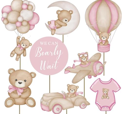 Zliisang 16Pcs Pink We Can Bearly Wait Baby Shower Centerpieces Cake Decorations Bear Birthday Party Decorations for Girl Cake Toppers