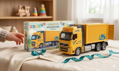 Image of City Logistics Toy Transport Truck - Yellow Container Semi-Truck with Friction Power - Large 1:48 Scale Die-Cast Hauler for Boys & Girls - Realistic Cargo Rig Vehicle for Toddlers and Kids Ages 3+