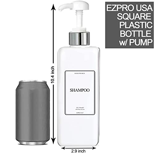 Empty Plastic Square Bottles Pump Shampoo Conditioner Body Wash Face, in Shower Bathroom Dispenser, Waterproof Permanent Labels, 27oz 800ml Set of 4 (White Plastic, Silver White Pump)2