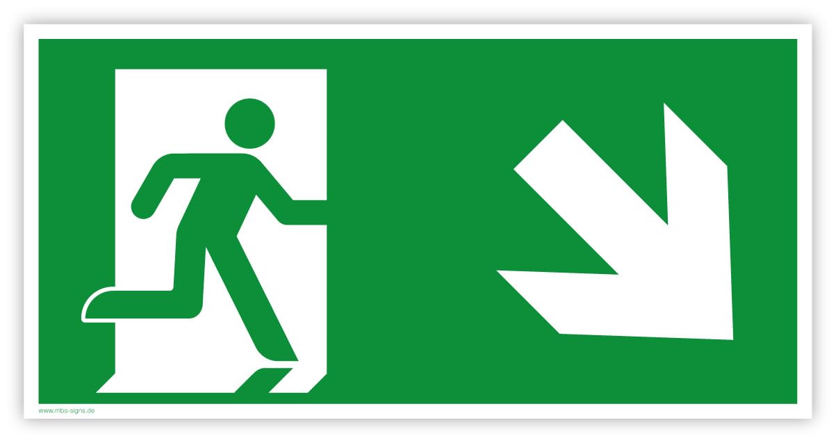 Aufkleber Rettungszeichen „Fluchtweg/Notausgang/Erste Hilfe“ Pfeil Folie nach ISO 7010 E001 E002 E003 Grün | Variante wählbar Made in Germany, Größe: Pfeil abwärts rechts