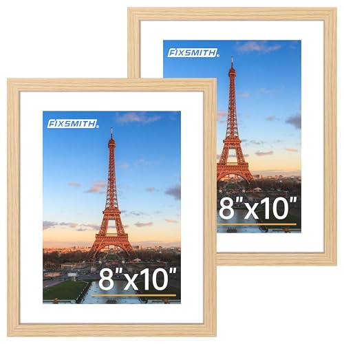 FIXSMITH 8x10 Picture Frame Set of 2 Photo Frame with HD Plexiglass Display Pictures 5x7 with Mat or 8x10 Without Mat Multi Picture Frames Collage for Tabletop or Wall Display Natural
