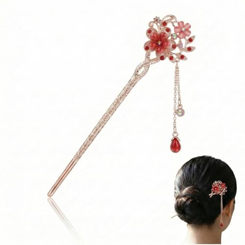 BAUCH Épingle à cheveux vintage, rouge, fleurs d’opale avec gland, métal doré et cristaux – pour coiffures traditionnelles, mariages, fêtes et...