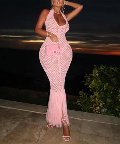 Women's Crochet Bodycon Maxi Dress Sexy Halter Backless Knit Fringe Party Club Long Dress Summer Beach Vacation Cover Up2