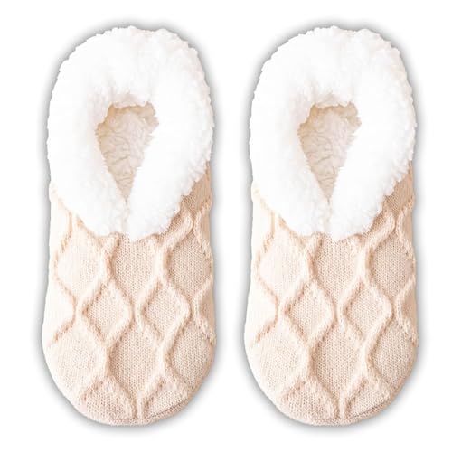 WYLFYJP Calzini Morbidi da Pantofola for Ragazze da Donna, Calzini Invernali Caldi E Accoglienti Antiscivolo, Calzini Lavorati A Maglia Calzini Antiscivolo Morbidi E Caldi Foderati in Pile(Beige)