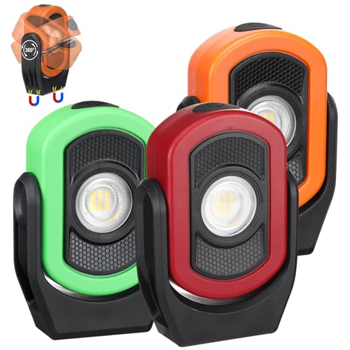 Retisee 3 Pack 780 Lumens Magnetic Work Light USB Rechargeable LED Flashlight Portable Mechanic Light for Car Repair Emergency Lighting Mechanics Workshop Inspection(Red Orange Green-3pk)