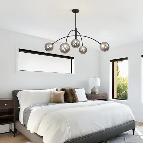 Image of Mid Century Modern Chandelier Black 5 Light Industrial Pendant Light Fixture Vintage Smoke Gray Globe Glass Sputnik Chandeliers for Bedroom Kitchen Living Room Hallway