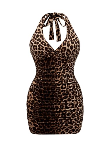 Women's Plus Size Leopard Halter Dress Y2k Cheetah Tie Backless Bodycon Sexy Mini Dress