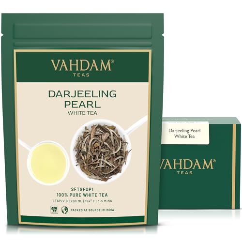 Image of VAHDAM, Darjeeling Pearl White Tea | 100% Pure Unblended White Tea Loose Leaf | 1.76oz (25 Cups)