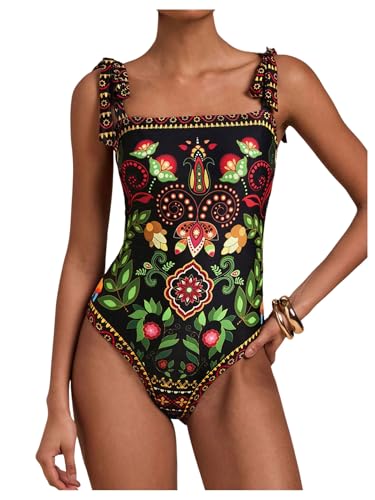 WDIRARA Women's Boho Floral Print One Piece Swimsuit Tie Shoulder Tummy Control Swimwear - Main Image