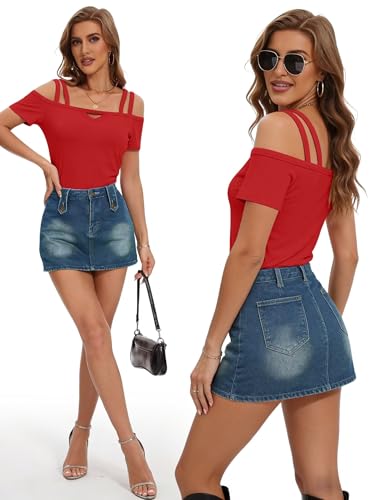 Image of Bliwov Womens Cold Shoulder Tops Short Sleeve Cute Sexy Summer Spring Beach Vacation T Shirts Fashion Outfits Basic Clothes
