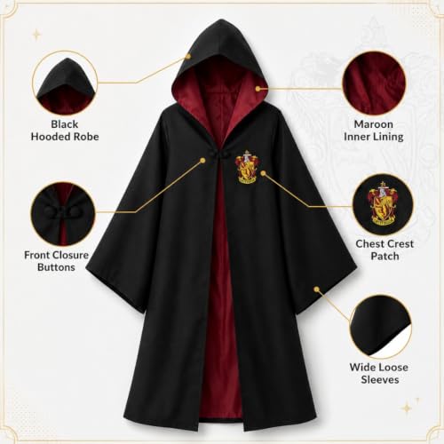 Image of Wanna Party Magician Wizard Robe Costume, XL Size | Black Hooded Fancy Dress Cloak for Halloween, School Functions, Theme Parties, Stage Performances & Cosplay