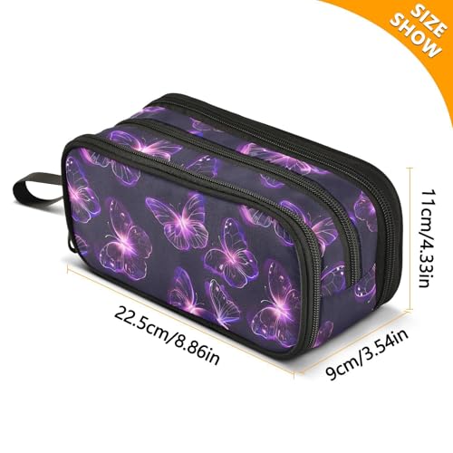 Image of Butterflies Purple Neon Pencil Case Box Boys Girls Large Pencil Pouch Zipper Compartments Big Capacity Stationery Pen Bag Organizer for Kids Teens Adults School Office