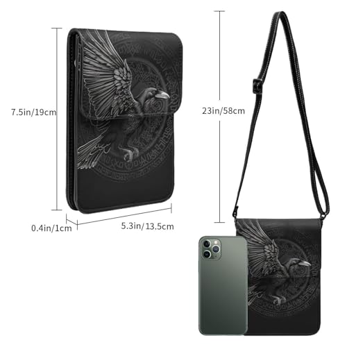 Crow raven celtic viking design gothic black crossbody cell phone purse for womens lightweight small soft leather fashion travel wallet with adjustable strap3