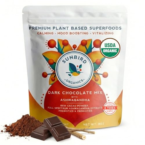 Sunbird Organics Dark Chocolate Ashwagandha Mix- Organic Cacao Powder with Probiotics and...