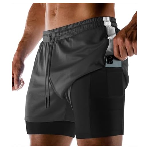 Aolesy Shorts de corrida masculinos 2 em 1 de secagem rápida, shorts atléticos de 12,7 cm, shorts de treino com bolsos, Cinza escuro, G