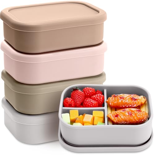 Image of Honeydak 4 Pcs Silicone Bento Box, 3 Compartment Lunch Food Container for Women Men, Leak Proof Microwave Easy to Clean Dishwasher Freezer Safe (Bohemian Color)