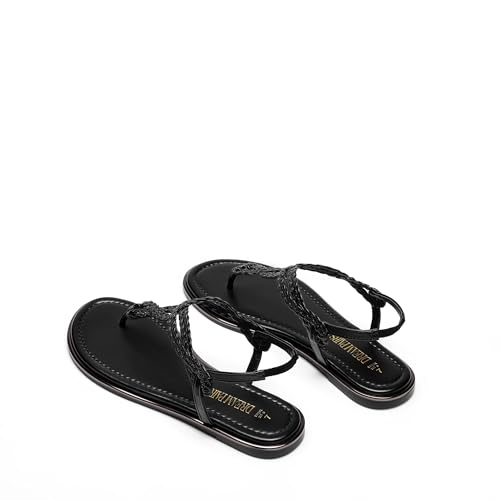 DREAM PAIRS DREAM PAIRS Women's Flat Sandals Dressy Summer Stappy Comfortable Ankle Elastic T-Strap Beach Thong Sandals,Size 7.5,All Black,SDFS2406W