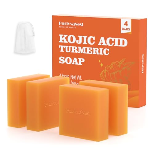 Turmeric Soap Bar Dark Spot Kojic Acid Soap for Hyperpigmentation Remover for face and body Even Skin Tone, Moisturizing & Nourishing Natural Ingredients 65g x 4 Bars