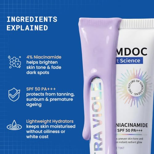 Image of DERMDOC 4% Niacinamide Ultra Violet Brightening Sunscreen with SPF 50 PA+++ Sun Protection | (20 gm Pack of 2) | | Sunblock I for Oily Skin I UV Protection | Purple Tinted