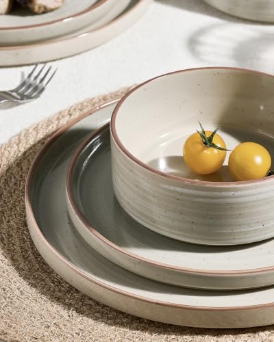 Image of Famiware Stellar Stoneware Dinnerware Set, 12-Piece, Double Reactive Glaze, Plates and Bowls, Service for 4, Microwave and Dishwasher Safe, Scratch-Resistant, Matcha Green