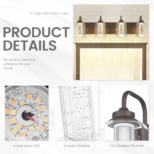 Image of zeyu 20W LED Vanity Light Bathroom, 4-Light Farmhouse Vanity Lighting Over Mirror with Crystal Bubble and Clear Glass, 5CCT Adjustable, Oil Rubbed Bronze Finish, ZSL72B-4W LED ORB-1