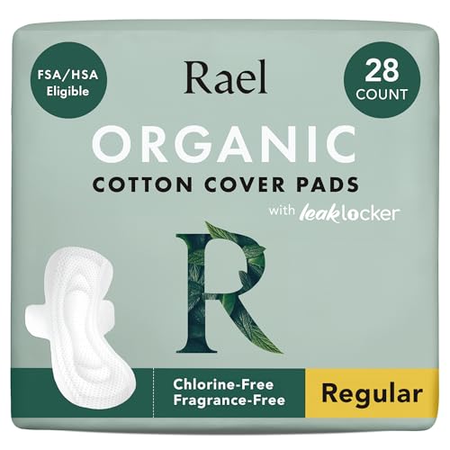Rael Organic Cotton Cover Pads - Regular Absorbency, Unscented, Ultra Thin Pads with Wings for Women (Regular, 28 Count)
