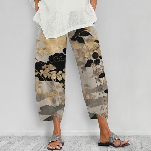 Women's Capri Pants Japanese Art Style Pine Tree Print Pants Summer Dressy Casual High Waist Cropped Wide Leg Trousers2