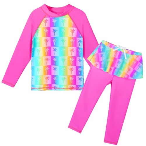 Image of TFJH E Girls Long Sleeve Swimsuits Skirt 2-Pieces Rash Guard Set Sun Protection UV 50+