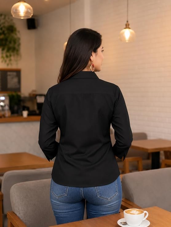 Image of Women's Formal Collared Shirt | Solid Office Wear Button-Up Top | Regular Fit 3 /4 Sleeve Business Shirt for Work & Casual Wear