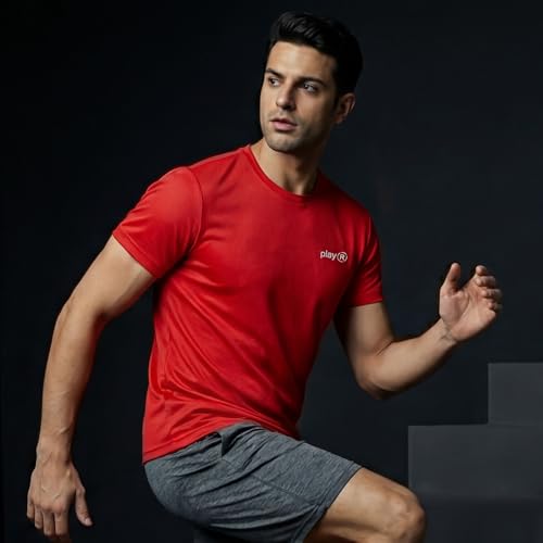 Image of playR Men's Polyester Adult Training Tee - Round Neck Half Sleeve Regular Fit DRIVENT, Lightweight Breathable Activewear for Gym Running Workout Yoga All Season