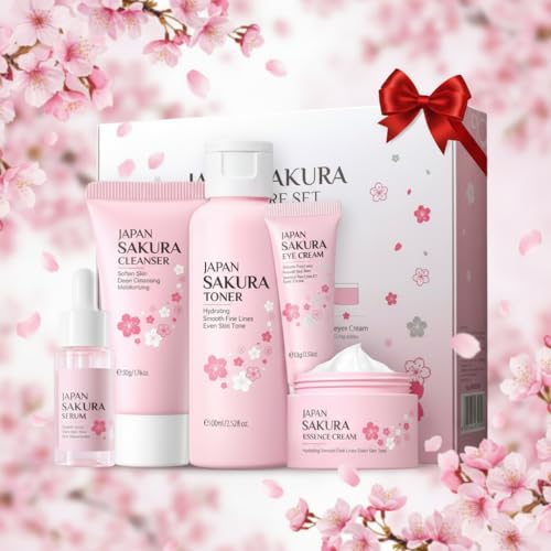 Sakura Skincare Set, Cherry Blossom Skin Care Sets &amp; Kits, Skin Care for Girls 10-12, Including Cleanser, Toner, Serum, Eye Cream, Facial Cream, Travel Size Skincare Set for Women Girls