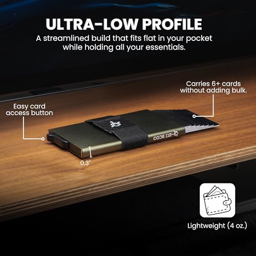 Image of CODE 118 Wallet for Men - Slim Minimalist Aluminum Smart Wallet with RFID Blocking - Compact cash and Credit card holder with Pop Up Ejector (Classic, Military Green)