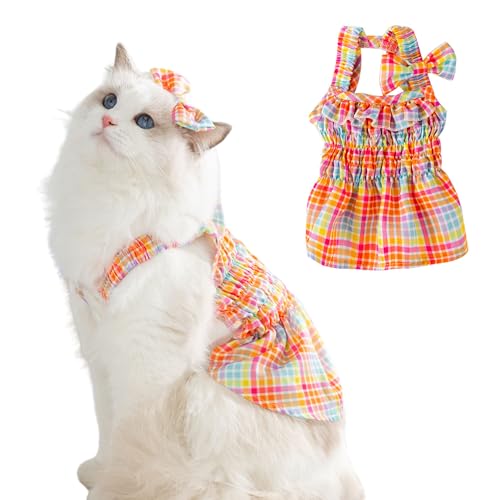 Image of HDKUW Small Dogs Dress with Bow,Chihuahua Yorkies Female Dog Clohtes,Pink Plaid Puppy Tutu Princess Dresses with Dog Bowknot,Girl Doggie Cats Skirt Outfits S