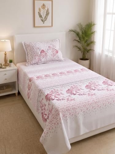 Image of Mafatlal 186 TC Spring Glory 100% Cotton Single Flat Bedsheet | 60 x 90 Inches | Soft & Breathable Floral Printed Bed Linen | Includes 1 Matching Pillow Cover | Pastel Pink