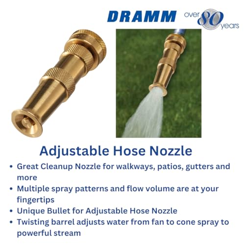 Dramm 35009 Heavy-Duty Solid Brass Garden Hose Nozzle – Adjustable Cone to Jet Spray Pattern – High-Pressure Water Stream for Cleaning Walkways, Patios & Gutters – Made in USA