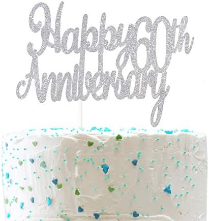 Happy 60th Anniversary Cake Topper,Cheers to 60 Years, Sixtieth Wedding Anniversary Party Decorations (Double Sided Sliver Glitter ）