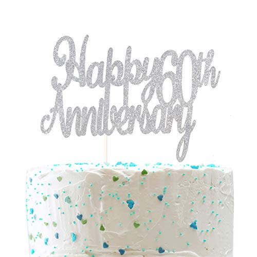 Happy 60Th Anniversary Cake Topper,Cheers To 60 Years, Sixtieth Wedding Anniversary Party Decorations (Double Sided Sliver Glitter ） #TOP2