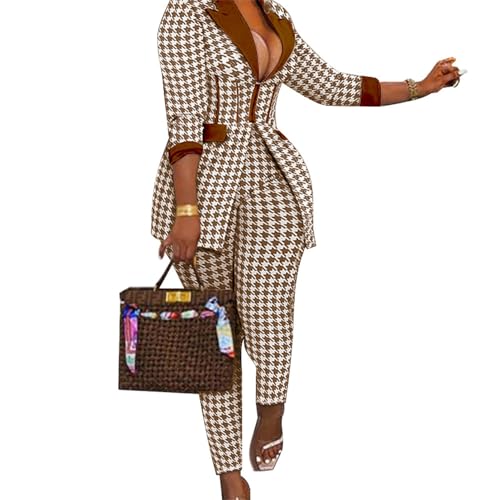 Recious Womens Sexy 2 Pieces Houndstooth Printed Blazer Jackets Bodycon Pants Party Clubwear Tracksuit Outfits Suit Set2