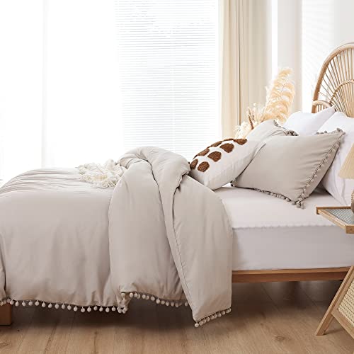 YIRDDEO King Size Comforter Set - King Size Comforter with Ball Pom Fringe, Soft King Bedding Set for All Seasons - 3 Pieces, 1 Comforter (104"x90"inches) & 2 Pillow Shams(20"x36"), Oatmeal