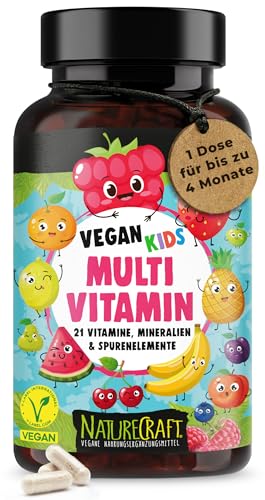 Vegan Kids Multivitamin - Vitamin A+B1+B2+B3+B5+B6+B7+B9+B12+C+D3+K2+E + Cholin + Eisen + Zink + Jod + Kalium + Selen + Natrium + Magnesium - Komplex für Kinder mit 120 Kapseln (max. 4 Monats-Vorrat)