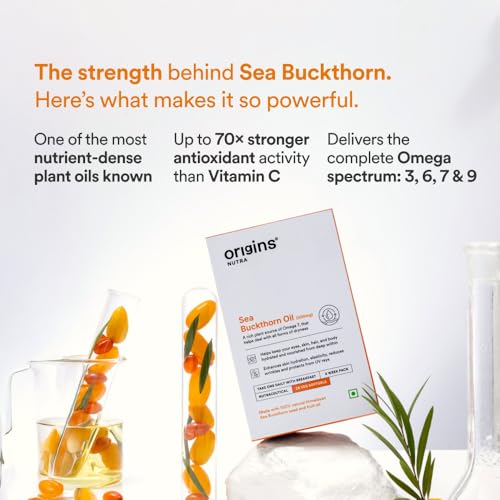 Image of Origins Nutra Sea Buckthorn Oil| Seed & Pulp Extract | Omega-7 for Skin, Hair & Eye Hydration | GMP Certified | 28 Veg. Softgels | Pack of 3