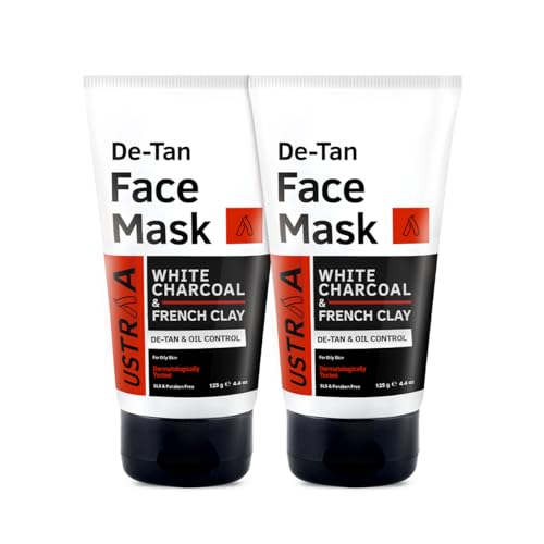 Image of Ustraa De-Tan Face Mask Oily Skin - 125 gm - Wash-off Mask - Pack of 2 | Effectively Removes Tan & Pollutants | with Highest-grade White Charcoal & French Clay | Cleanses & Balances Oil