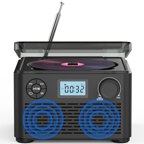 Reproductor de CD vintage con radio FM, Bluetooth, USB/TF, sonido estéreo, canal 2.0, portátil, batería de 4000 mAh, disfruta de música inalámbrica en cualquier momento y en cualquier lugar