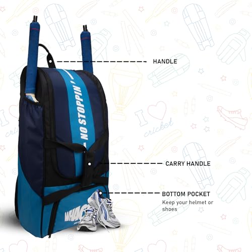 Image of WHACKK Gayle Backpack Duffle Trolley Wheelie Cricket Kit Bag Adult Size 2 Bat Pocket Shoe /Helmet Pkt Main Compartment 18 inch Leg Pad 2 Bottle Holder Player Edition (Aqua Blue)