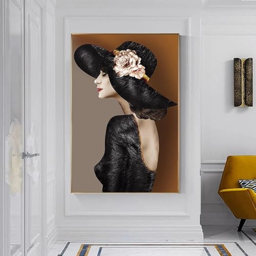 Cuadros de pared modernos de mujer con sombrero negro póster de lienzo 60x80cm 3
